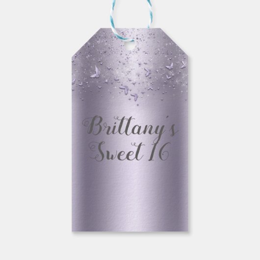 Lilac Shimmer Flutter Butterfly Sweet 16 Party Geschenkanhänger (Rückseite)