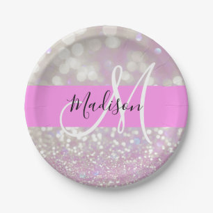 Lilac Shimmer Glitzer Glitzern Monogramm Name Pappteller
