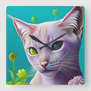 Lilac Siamese cat in Lilac Blume auf Aquamarinen Quadratische Wanduhr