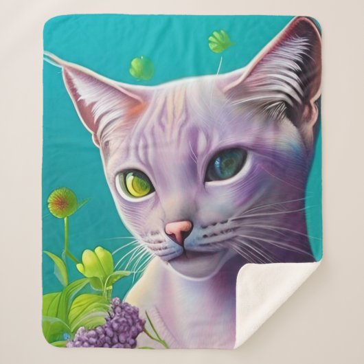 Lilac Siamese cat in Lilac Blume auf Aquamarinen Sherpadecke (Vorderseite)