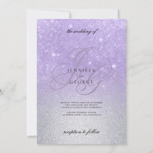 Lilac silber monogramm inital ombre Glitzer Hochze Einladung (Vorderseite)