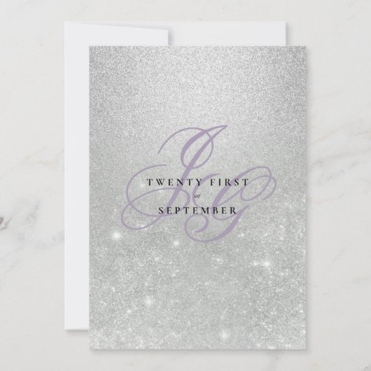 Lilac silber monogramm inital ombre Glitzer Hochze Einladung (Rückseite)