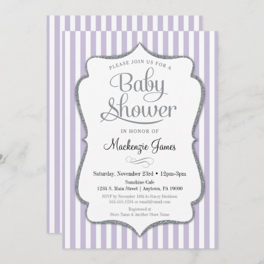 Lilac Silver Baby Dusche Einladung Lavender Gray (Vorne/Hinten)
