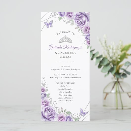 Lilac Silver Floral Quinceanera Order of Events Programm (Stehend Vorderseite)