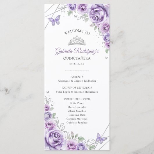 Lilac Silver Floral Quinceanera Order of Events Programm (Vorderseite)