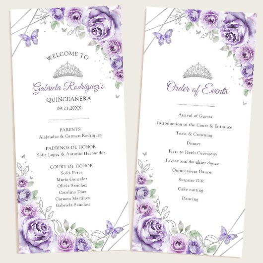 Lilac Silver Floral Quinceanera Order of Events Programm