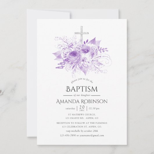 Lilac & Silver Floral Taufe oder Christening Foto Einladung (Vorderseite)