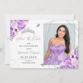Lilac Silver Foto Card Quinceañera Save the Date Einladung (Vorderseite)