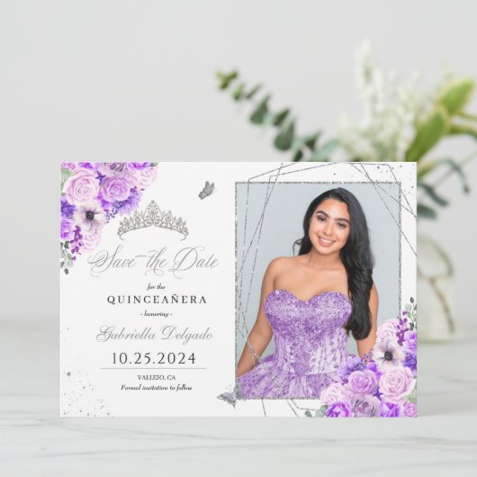 Lilac Silver Foto Card Quinceañera Save the Date Einladung (Stehend Vorderseite)
