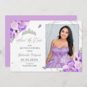 Lilac Silver Foto Card Quinceañera Save the Date Einladung (Vorne/Hinten)