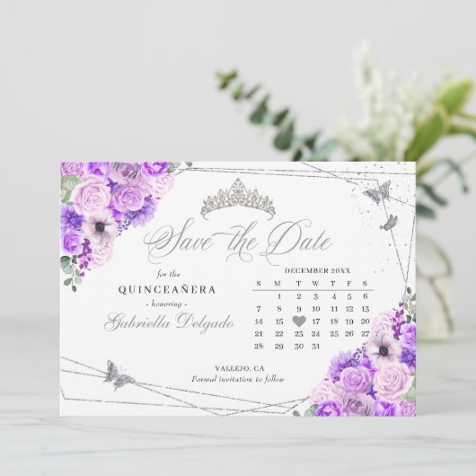 Lilac & Silver Quinceañera Save the Date Einladung (Stehend Vorderseite)