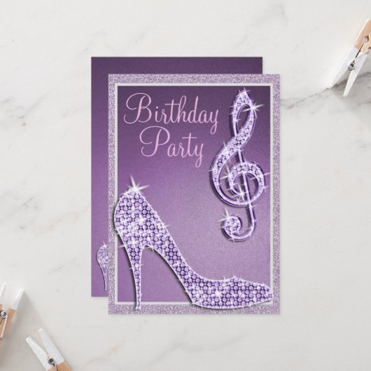 Lilac Stiletto & Treble Clef Birthday Einladung (Vorderseite/Rückseite Beispiel)