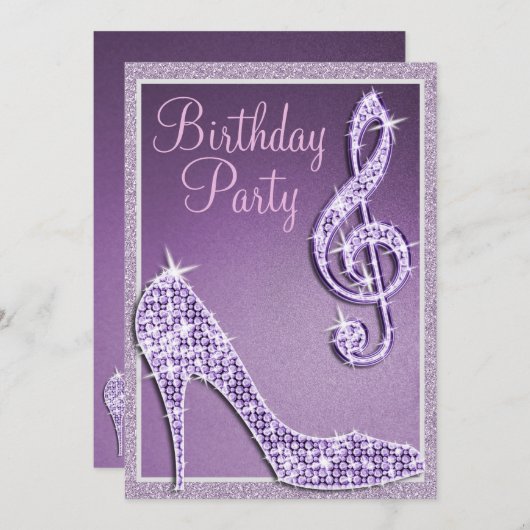 Lilac Stiletto & Treble Clef Birthday Einladung (Vorne/Hinten)