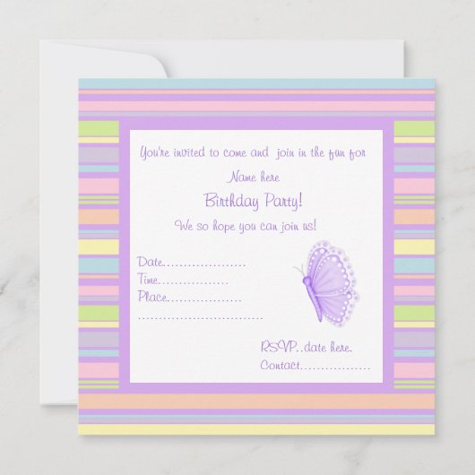 LILAC Stripe Schmetterling BIRTHDAY PARTEI INVITAT Einladung (Rückseite)