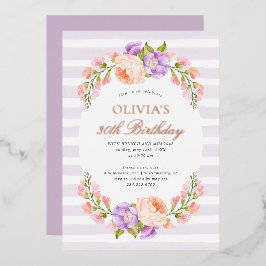 Lilac Stripe und Bloom Birthday Brunch Party Folieneinladung