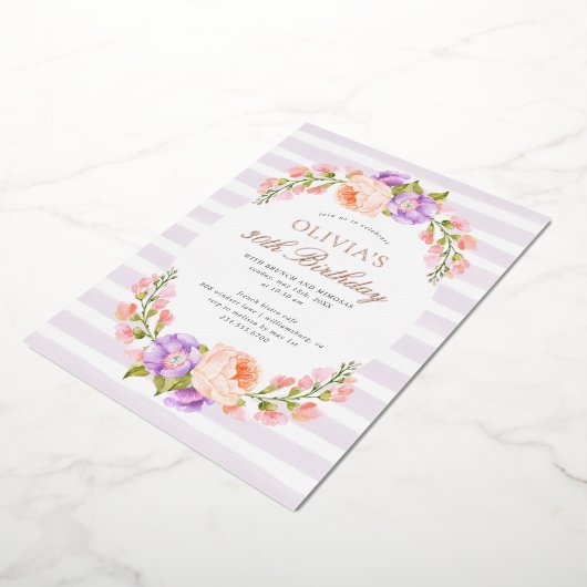 Lilac Stripe und Bloom Birthday Brunch Party Folieneinladung (Gedreht)