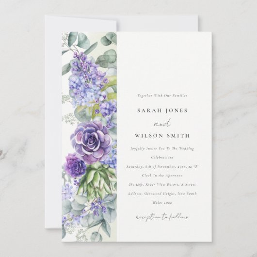 Lilac Succulent Eukalyptus Botanischer Rahmen Hoch Einladung (Vorderseite)