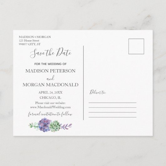 Lilac succules Fotos Save the Date Ankündigungspostkarte (Rückseite)