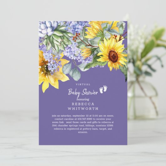 Lilac & Sunflower Virtual Baby Einladung (Stehend Vorderseite)