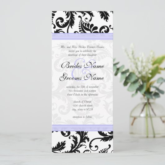 Lilac Trim Black Damask Wirbel Einladung Hochzeit (Stehend Vorderseite)