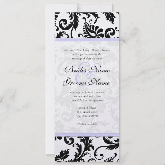 Lilac Trim Black Damask Wirbel Einladung Hochzeit (Vorderseite)