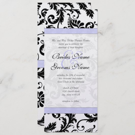 Lilac Trim Black Damask Wirbel Einladung Hochzeit (Vorne/Hinten)