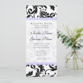 Lilac Trim Black Damask Wirbel Einladung Hochzeit (Stehend Vorderseite)