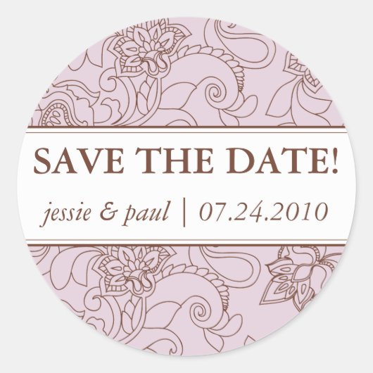 Lilac und Brown Paisley Save the Date Sticker (Vorderseite)