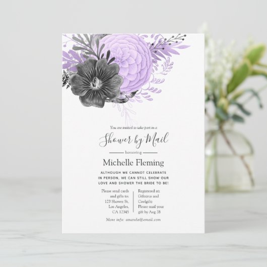 Lilac und Charcoal Baby oder Brautparty per Mail Einladung (Stehend Vorderseite)