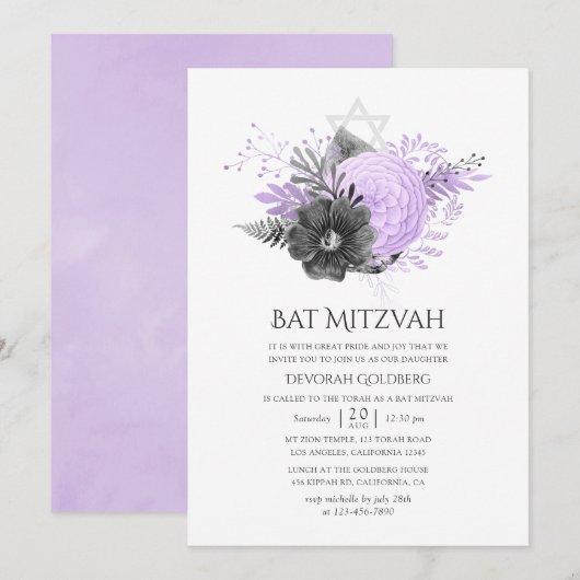 Lilac und Charcoal Floral Bat Mitzvah Einladung (Vorne/Hinten)