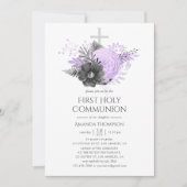 Lilac und Charcoal Floral Erste Heilige Kommune Einladung (Vorderseite)