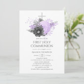 Lilac und Charcoal Floral Erste Heilige Kommune Einladung (Stehend Vorderseite)