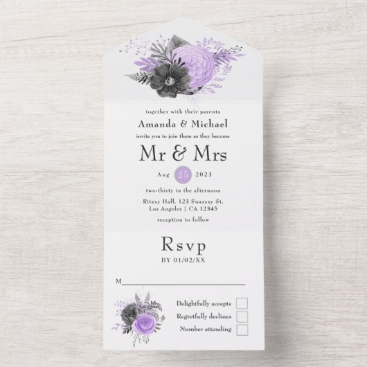 Lilac und Charcoal Floral Wedding All In One Einladung (Innen Boden)