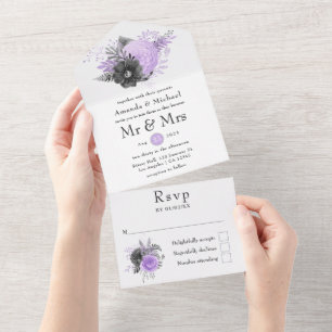 Lilac und Charcoal Floral Wedding All In One Einladung