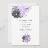 Lilac und Charcoal Floral Wedding Einladung (Vorderseite)