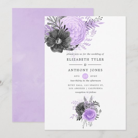 Lilac und Charcoal Floral Wedding Einladung (Vorne/Hinten)