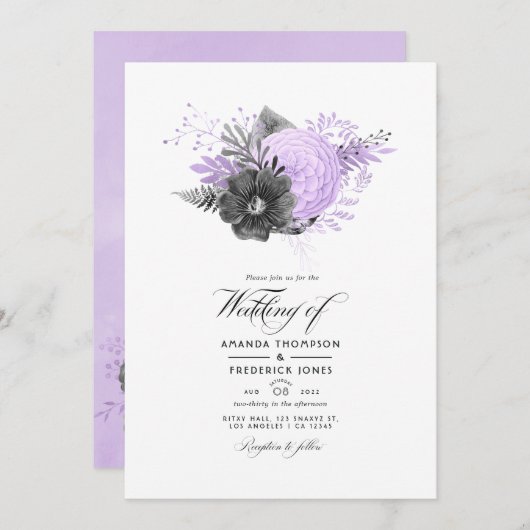 Lilac und Charcoal Floral Wedding Foto Einladung (Vorne/Hinten)