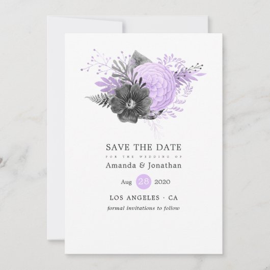 Lilac und Charcoal Floral Wedding Save The Date (Vorderseite)