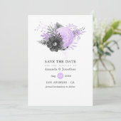 Lilac und Charcoal Floral Wedding Save The Date (Stehend Vorderseite)