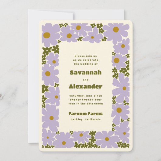 Lilac und Forest Green Groovy Blooms Boho Wedding Einladung (Vorderseite)
