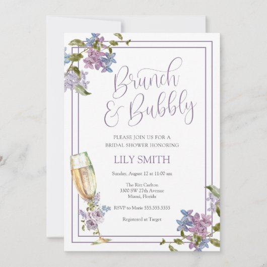 Lilac und Lavender Brunch und Bubbly Brautparty Einladung (Vorderseite)