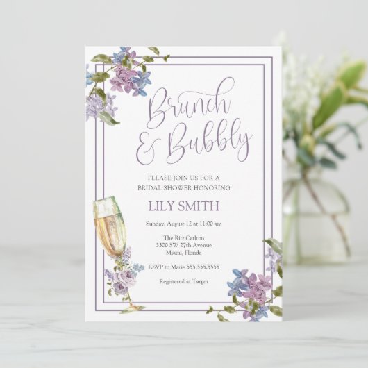 Lilac und Lavender Brunch und Bubbly Brautparty Einladung (Stehend Vorderseite)