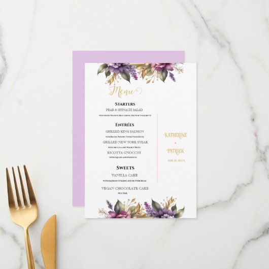 Lilac und Lavender Vineyard Wedding Menükarte (Vorderseite/Rückseite Beispiel)