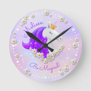 Lilac und Lila Einhorn Princess Kinderzimmer Schla Runde Wanduhr