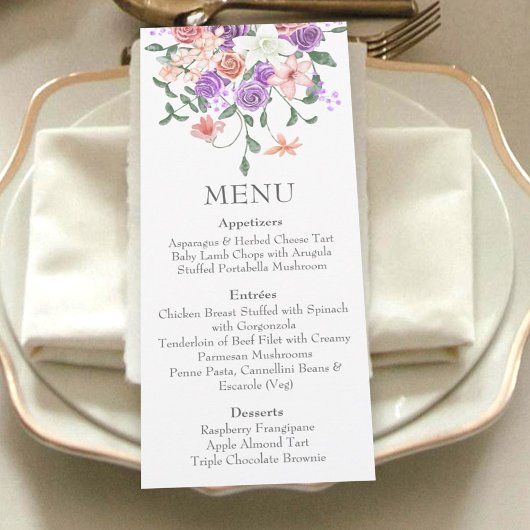 Lilac und Peach Rose Bouquet Dinner Menu Einladung