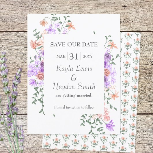 Lilac- und Peach-Rose Hochzeitssache Datum speiche Einladung