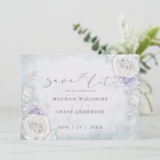 Lilac- und White-Shimmering-Rose Save the Date (Stehend Vorderseite)