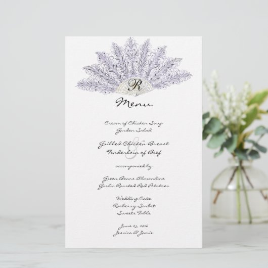 Lilac Vintag Feather Fan Wedding Menu (Stehend Vorderseite)