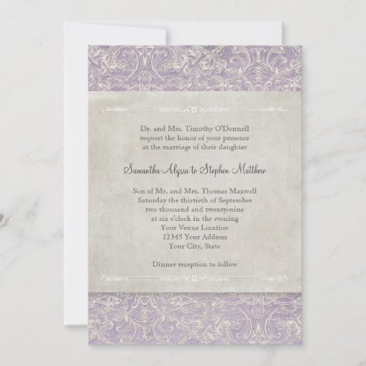 Lilac Vintag French Regency Lace Etched Wedding Einladung (Vorderseite)