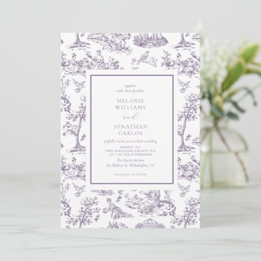 Lilac Vintag Toile Classic Wedding Einladung (Stehend Vorderseite)